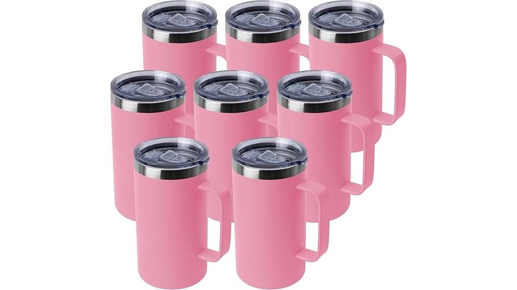 eight stainless steel mugs