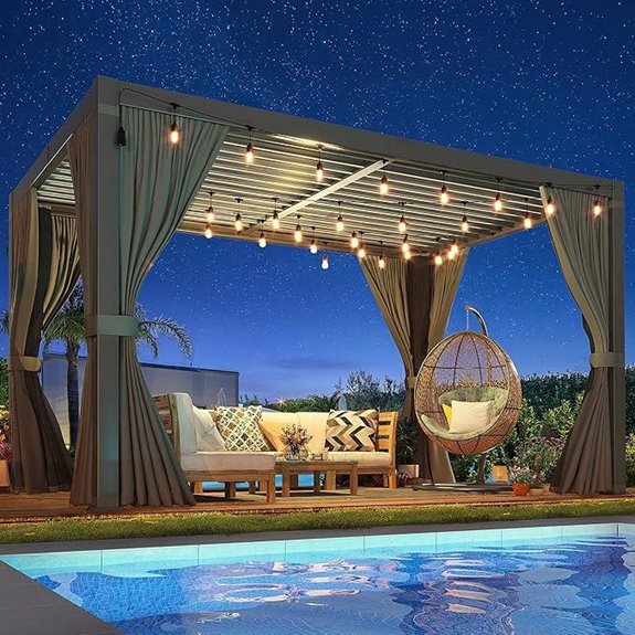 Louvered Pergola 10x12 Ft with Curtains & Nets